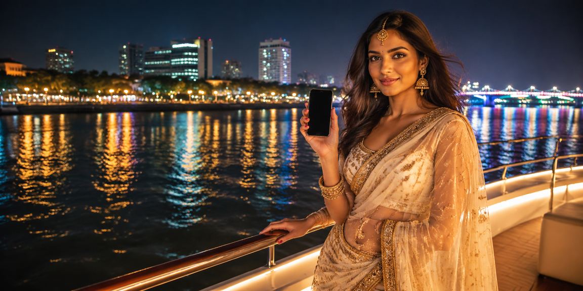 Modern sports betting at Indian riverfront with family enjoying