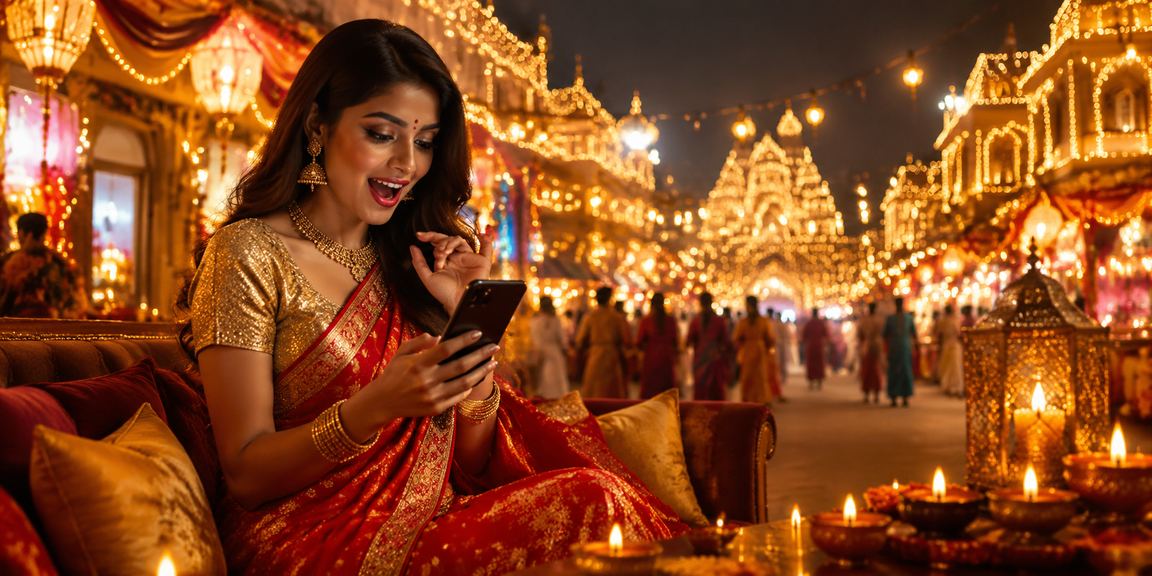 Indian woman enjoying cricket betting on a mobile device